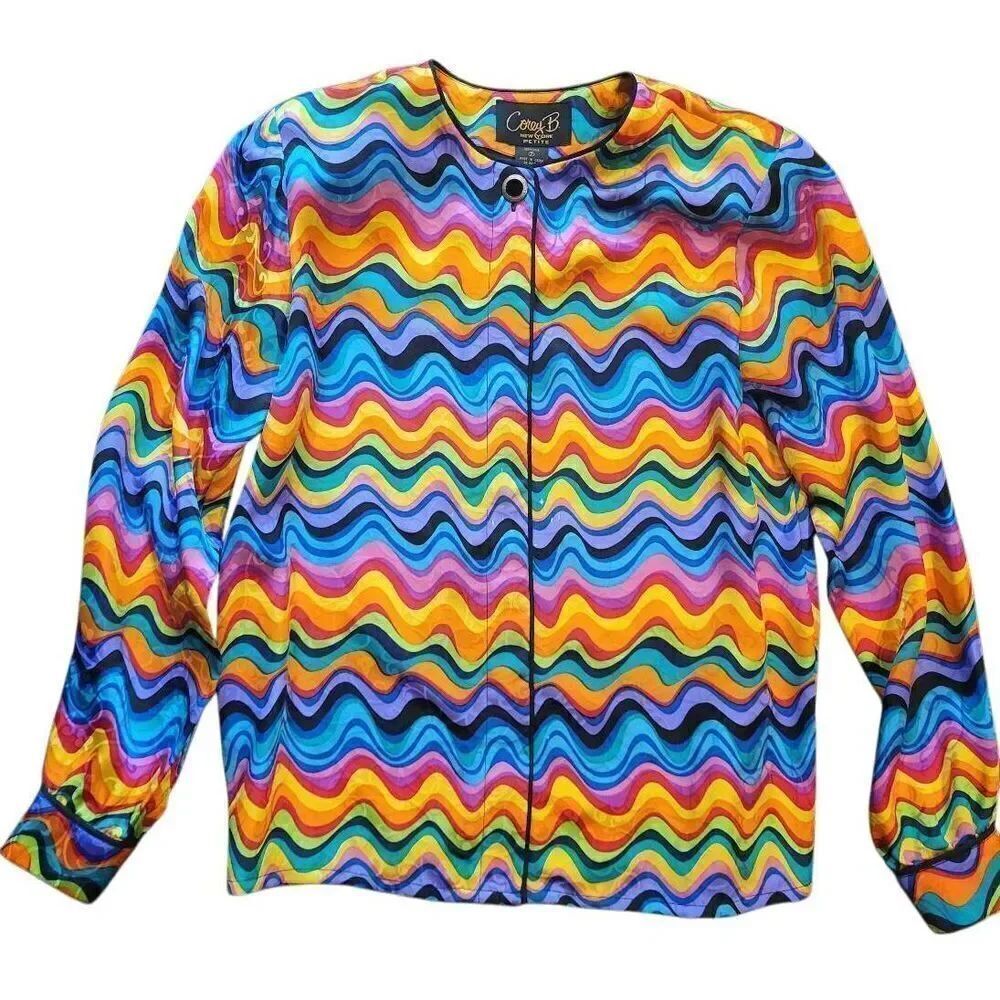 Vintage Corey B. Blouse Women's Medium Rainbow Wave Silk Button Down Colorful